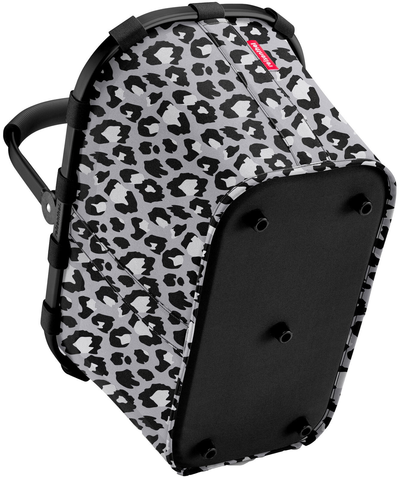 Leopardenmuster-Tragetasche mit schwarzem Rahmen, seitliche Perspektive