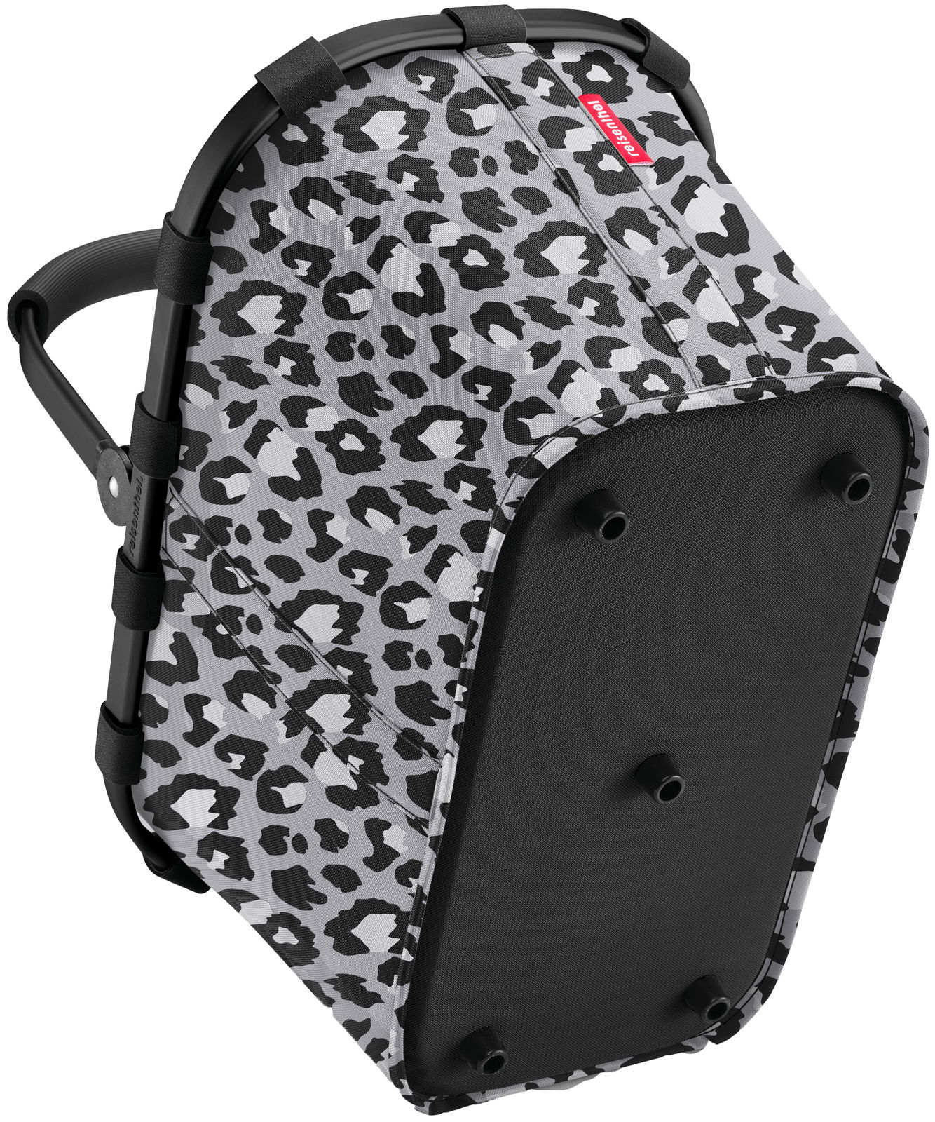 Leopardenmuster-Tragetasche mit schwarzem Rahmen, seitliche Perspektive