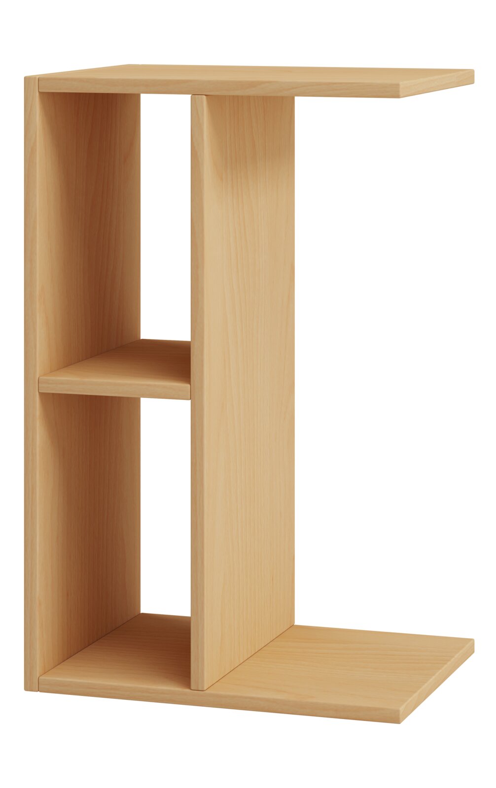 VCM Couchtisch NACHTO Moderner Beistelltisch aus hellem Holz mit offenem Seitenfach und Ablage, freigestellt vor weißem Hintergrund, Perspektive: seitliche Ansicht leicht von oben