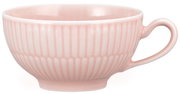Rosa Teetasse mit geriffeltem Muster, seitliche Perspektive
