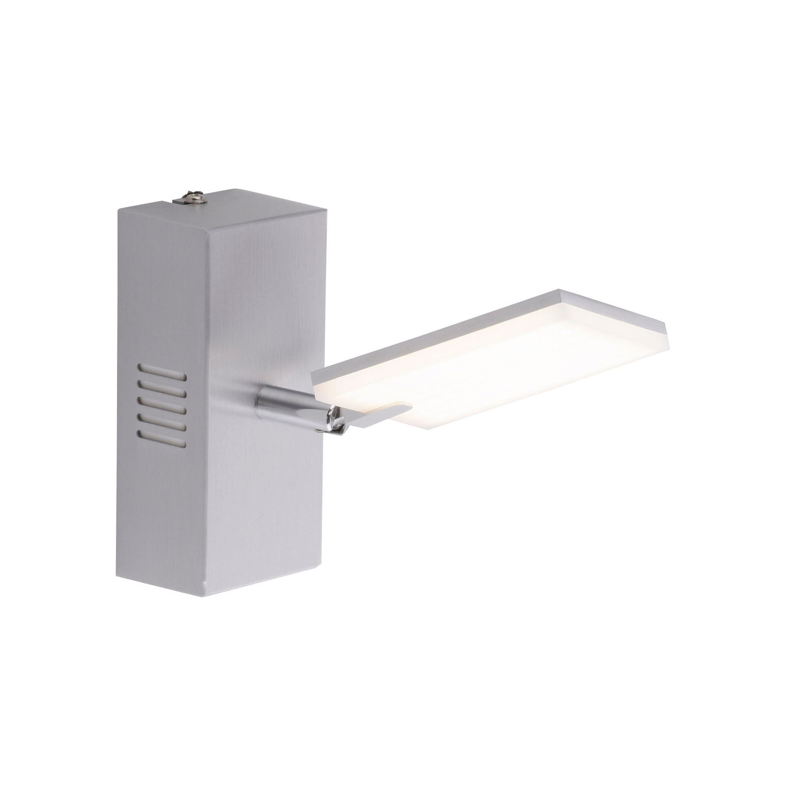 Moderne Wandleuchte aus Aluminium mit rechteckigem, schwenkbarem Leuchtkörper, seitliche Perspektive
