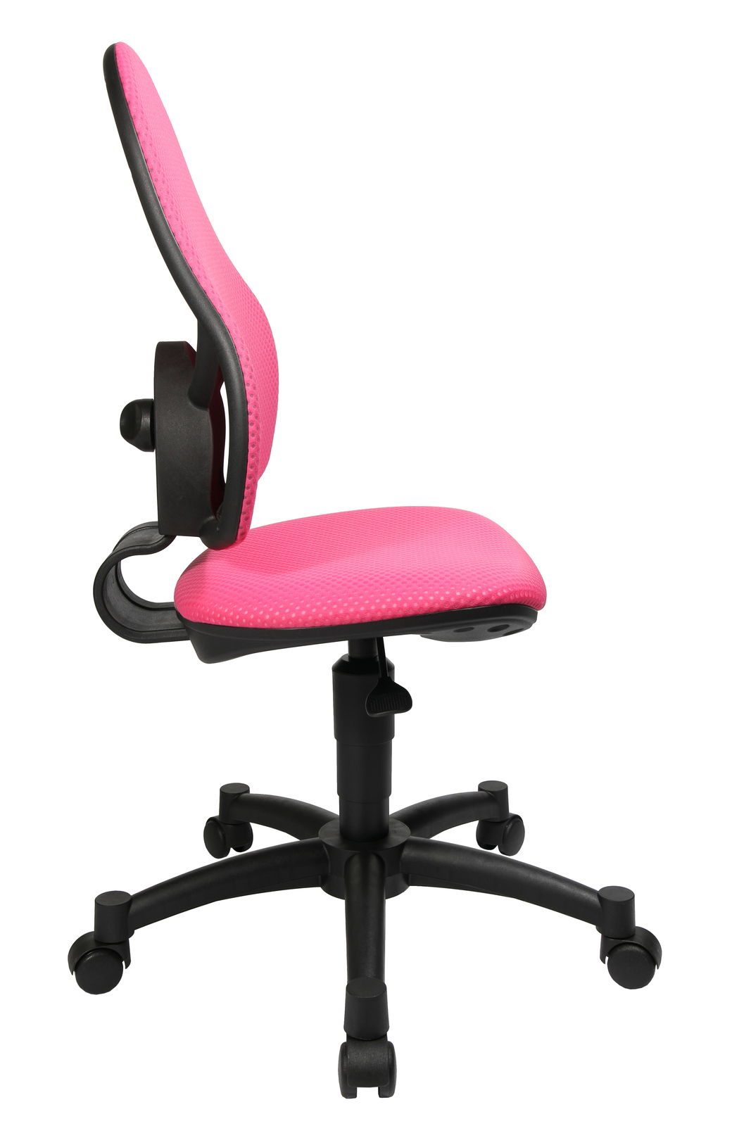 Seitenansicht eines pinken Drehstuhls mit schwarzem Gestell und Rollen.