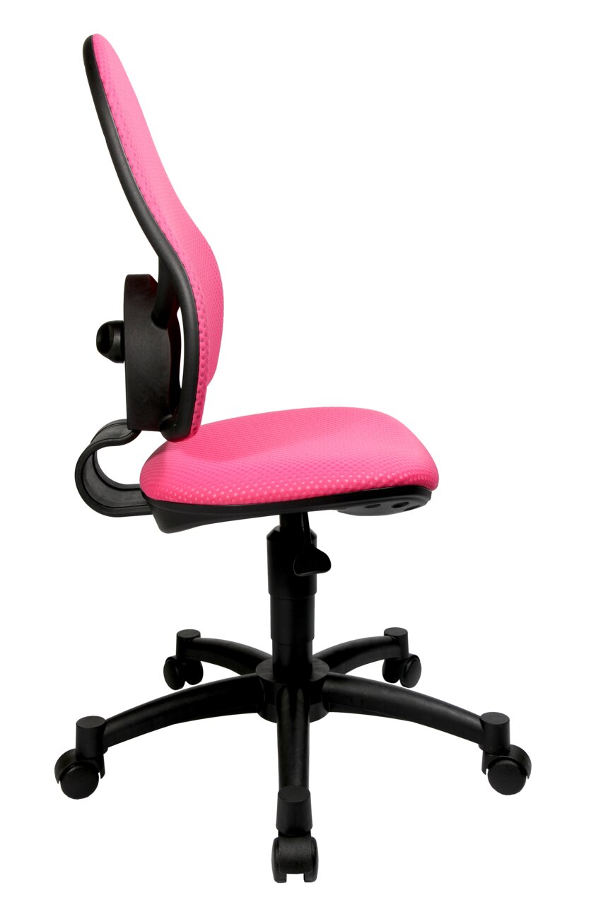 Zijaanzicht van een roze draaistoel met een zwart frame en wieltjes.
