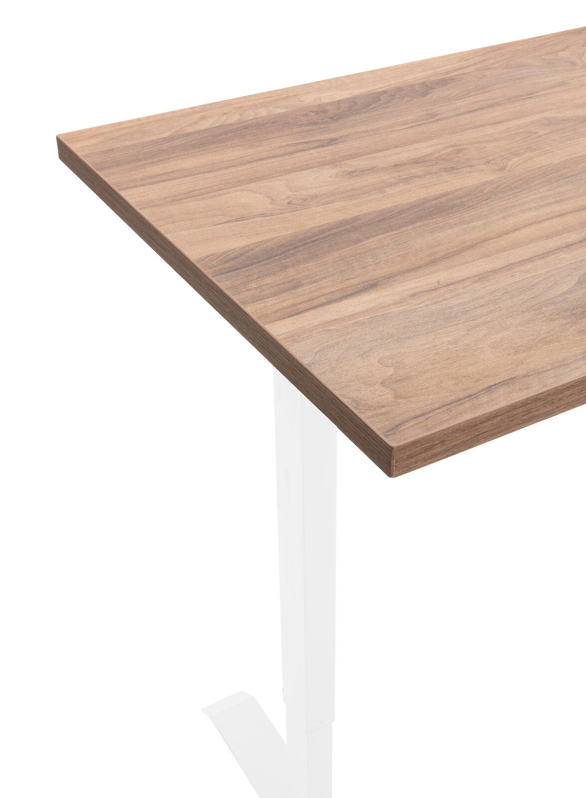 E-Serie Tischplatte E-START Eckansicht einer Tischplatte mit Holzoptik auf einem weißen Tischgestell.