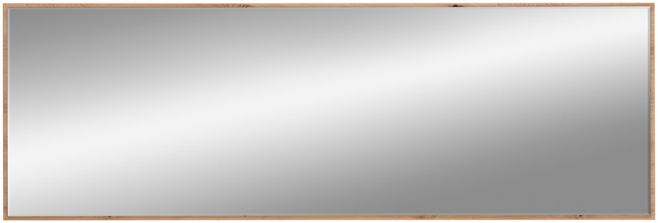 Großer rechteckiger Spiegel mit Holzrahmen, frontal betrachtet.