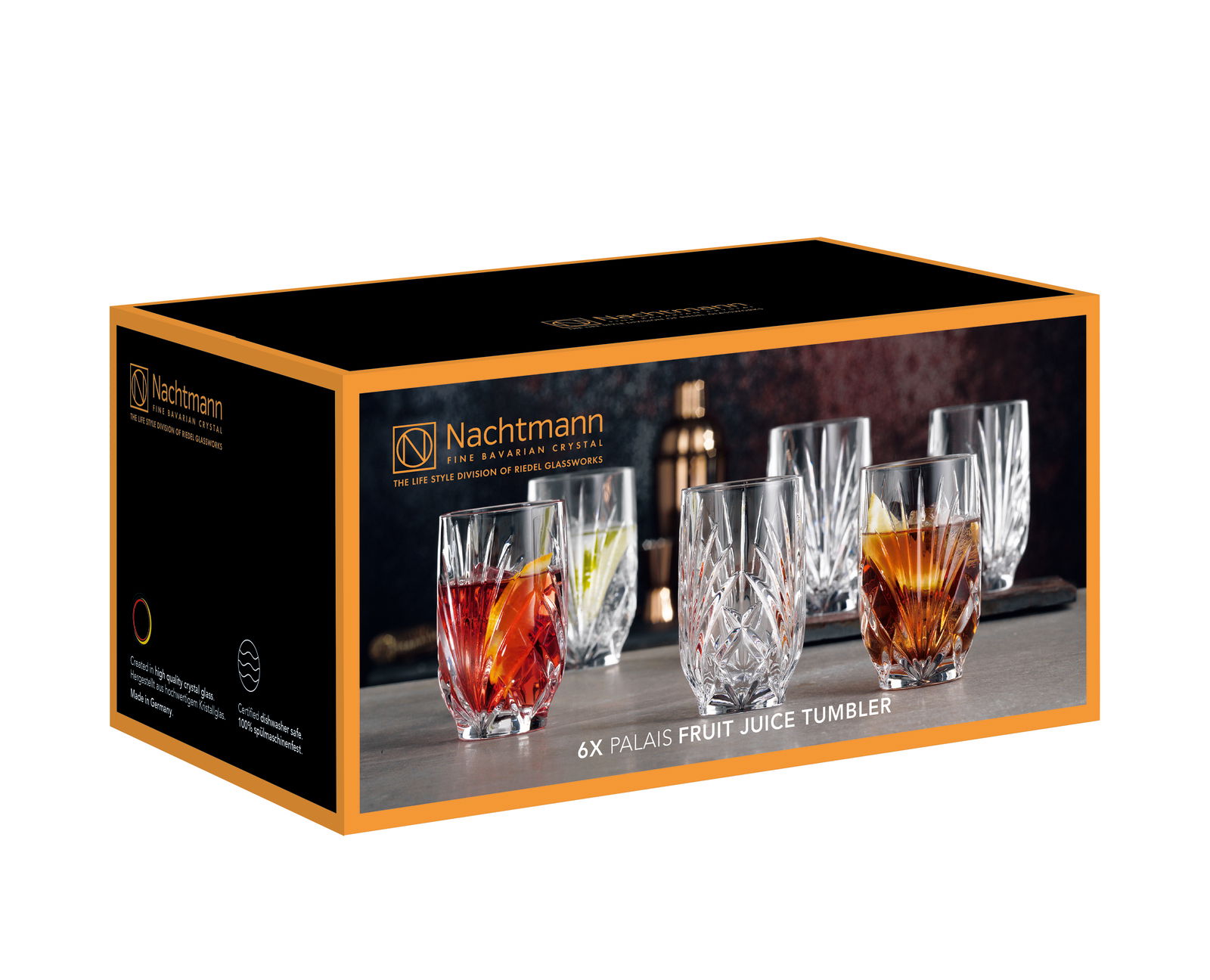 Verpackung mit sechs Nachtmann Palais Saftgläsern, perspektivisch von vorne rechts fotografiert.