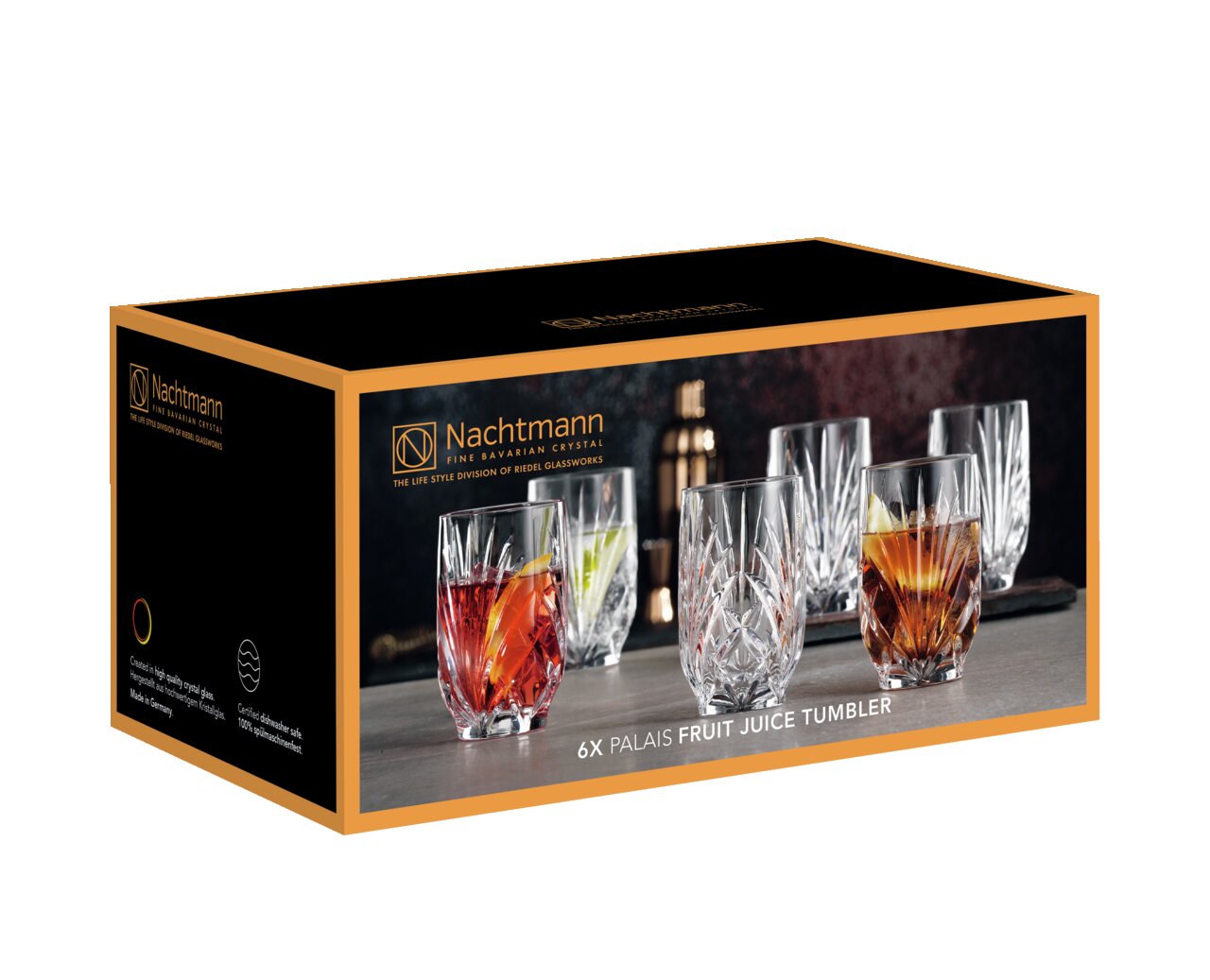 Verpackung mit sechs Nachtmann Palais Saftgläsern, perspektivisch von vorne rechts fotografiert.