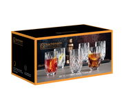 Verpackung mit sechs Nachtmann Palais Saftgläsern, perspektivisch von vorne rechts fotografiert.