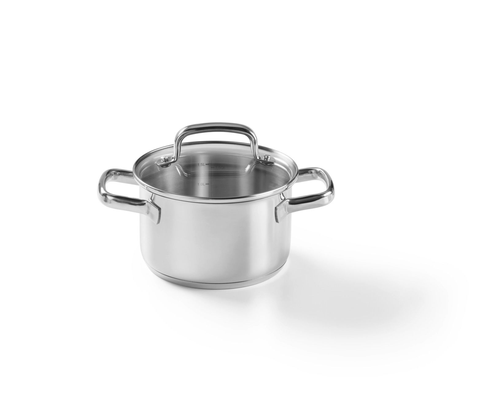 Edelstahl Kochtopf mit Deckel und zwei Griffen, seitliche Perspektive
