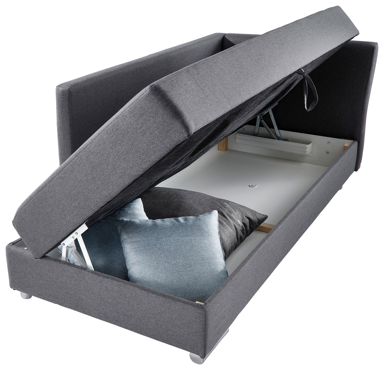 Graues Funktionssofa mit geöffneter Sitzfläche, die Stauraum und Kissen zeigt, seitliche Perspektive