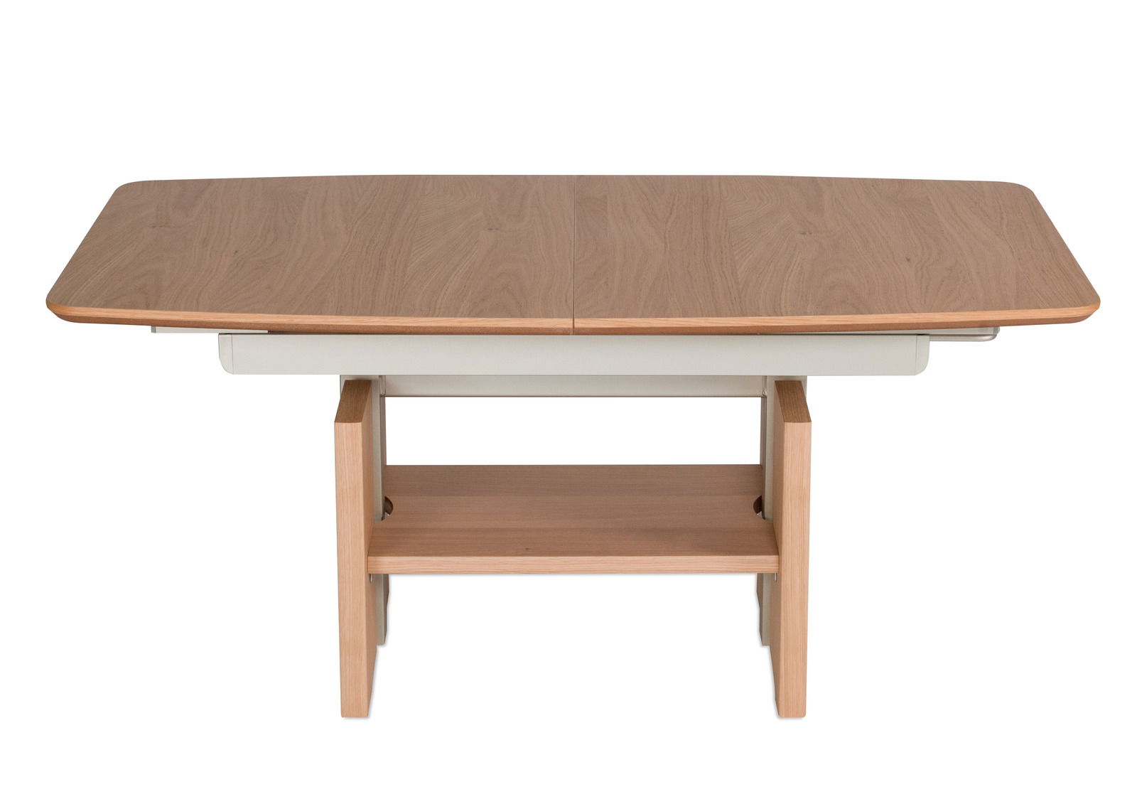 Moderner Couchtisch aus Holz mit rechteckiger Tischplatte und zusätzlicher Ablage, Frontalansicht.