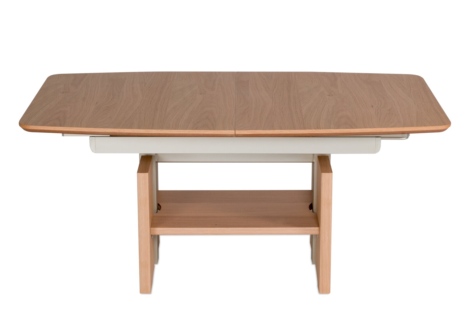 Moderner Couchtisch aus Holz mit rechteckiger Tischplatte und zusätzlicher Ablage, Frontalansicht.