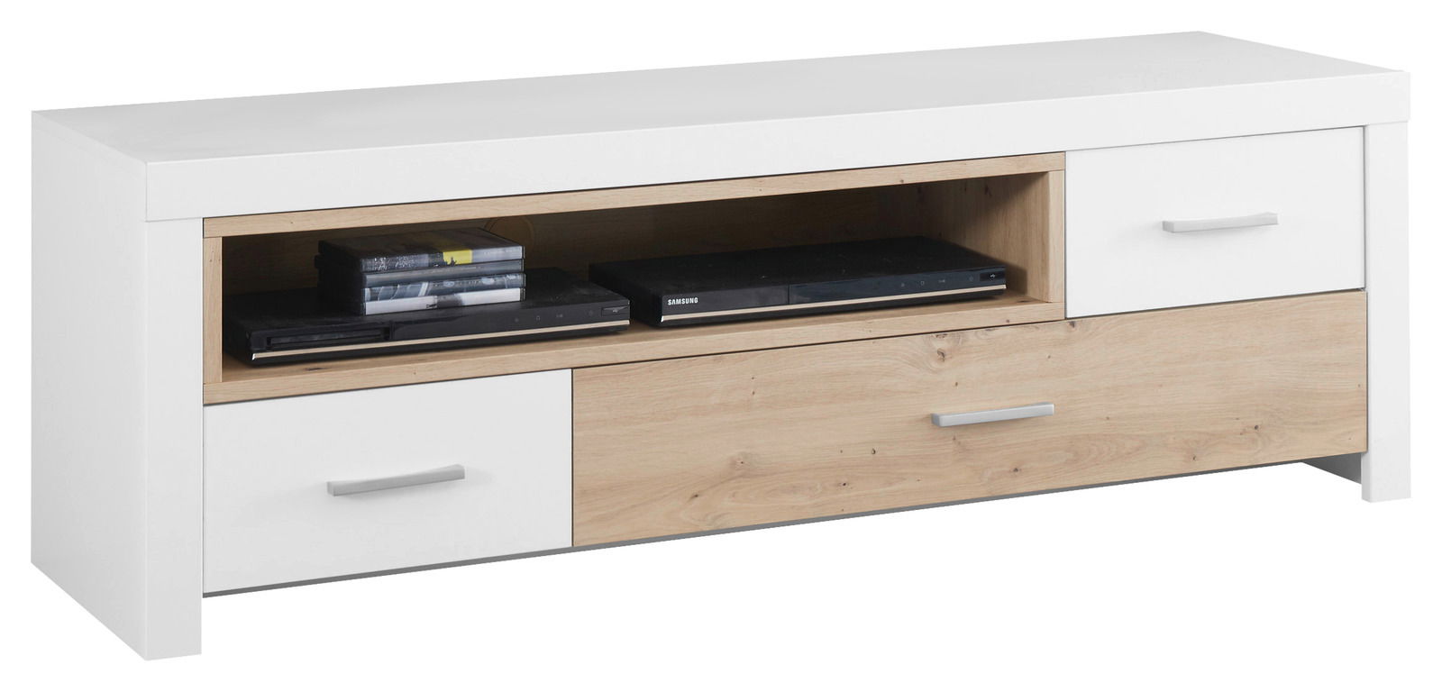 BOXXX TV-Lowboard FILOU TV-Element in moderner Holz- und Weißoptik, frontal fotografiert, mit offenen Fächern und Schubladen.