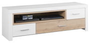 TV-Element in moderner Holz- und Weißoptik, frontal fotografiert, mit offenen Fächern und Schubladen.