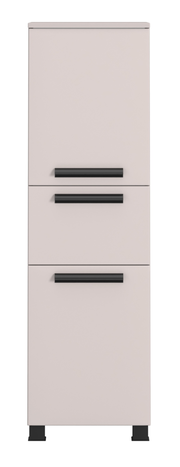 Frontansicht eines modernen Midischranks mit drei Schubladen und schwarzen Griffen.