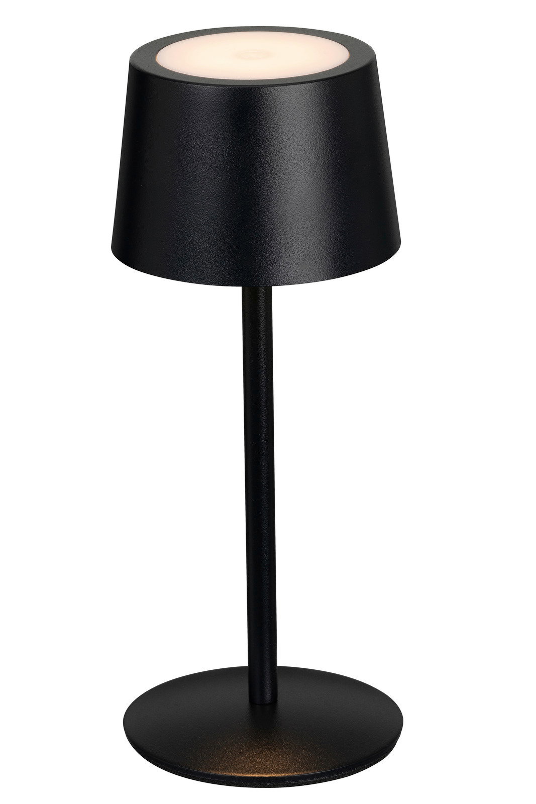 Novel Akku-Tischleuchte Schwarze Akku-Tischleuchte mit rundem Sockel und zylindrischem Lampenschirm, seitliche Perspektive