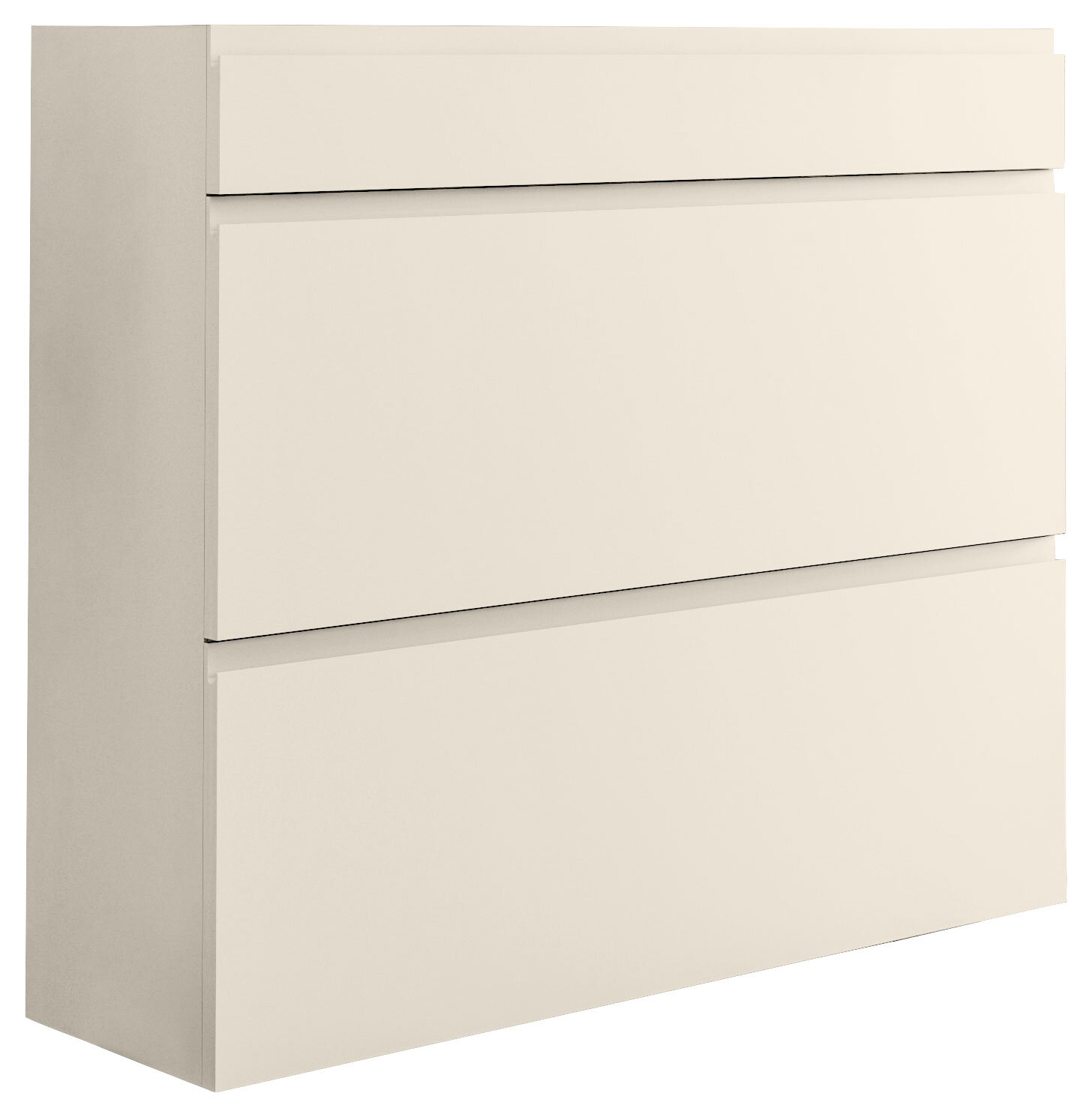 Hängeschuhschrank in Cremefarbe mit zwei Klappen und einer Schublade, seitliche Perspektive