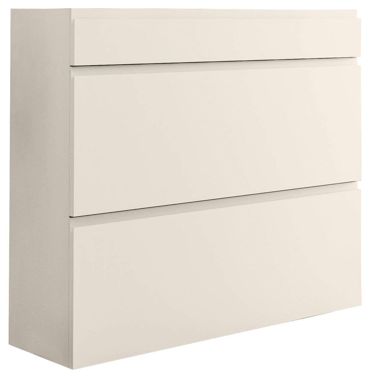 Hängeschuhschrank in Cremefarbe mit zwei Klappen und einer Schublade, seitliche Perspektive