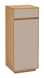 Kommode aus Holz mit einer Schublade und einer Tür, frontal abgebildet.