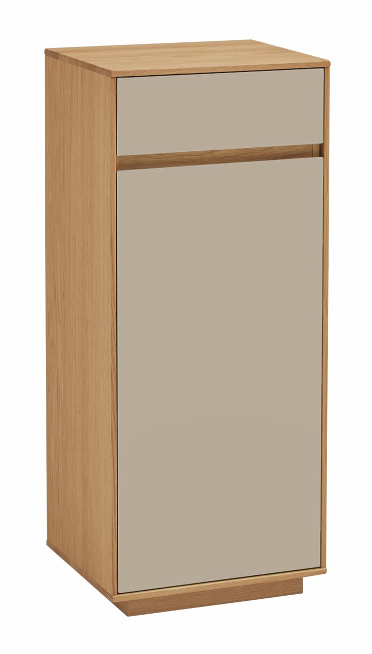 Kommode aus Holz mit einer Schublade und einer Tür, frontal abgebildet.