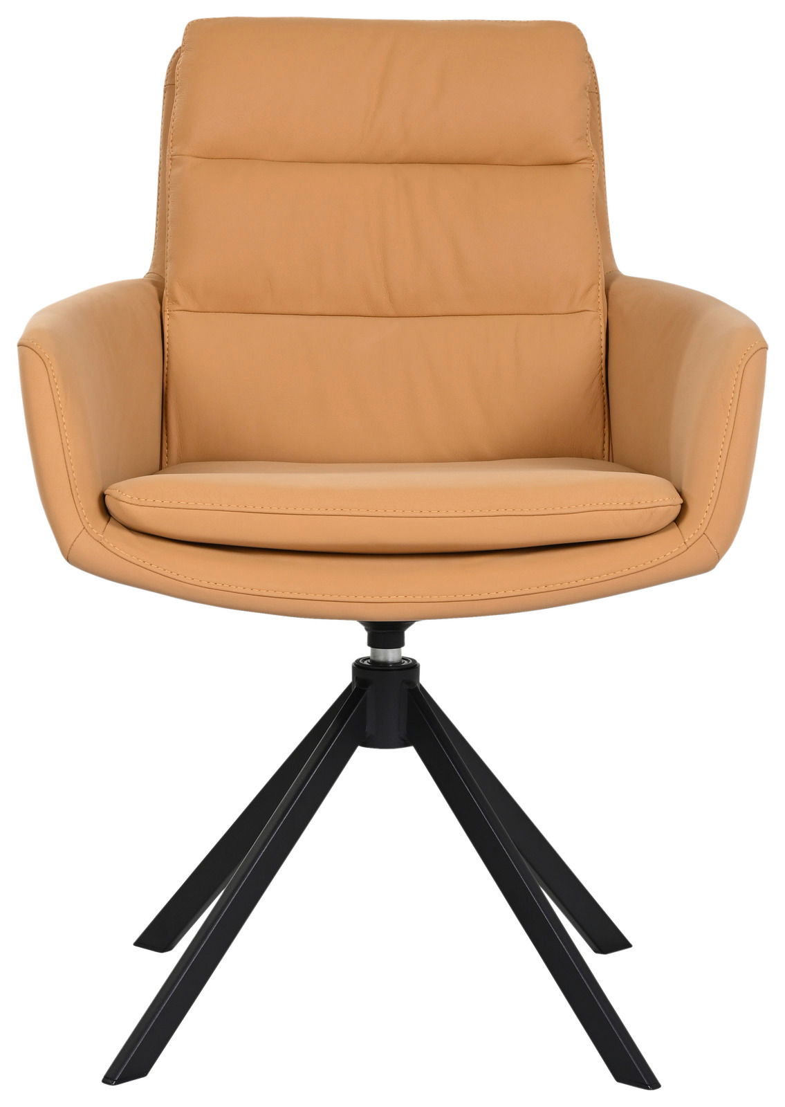 Moderner Sessel in hellbraunem Leder mit schwarzem Metallgestell, Frontalansicht