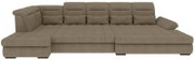 Großes beiges U-förmiges Polstersofa mit breiten Armlehnen und gepolsterten Rückenlehnen, frontal aus der Vorderansicht freigestellt auf weißem Hintergrund