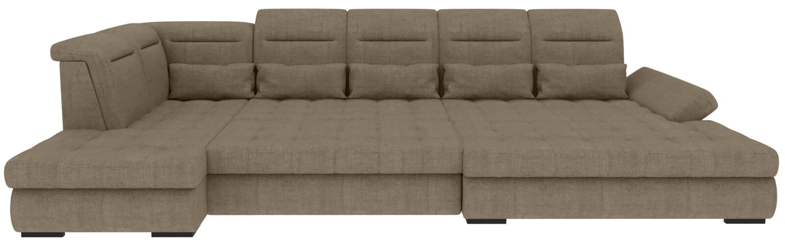Großes beiges U-förmiges Polstersofa mit breiten Armlehnen und gepolsterten Rückenlehnen, frontal aus der Vorderansicht freigestellt auf weißem Hintergrund