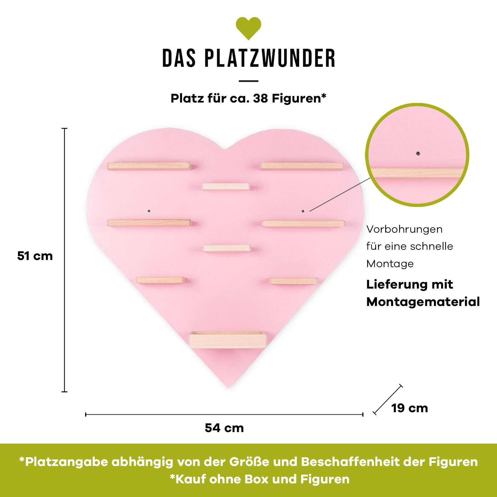 Frontansicht eines rosa, herzförmigen Wandregals/Displayboards aus Holz mit mehreren kleinen Ablageleisten, ca. 54 x 51 cm, mit Vorbohrungen für schnelle Montage und Platz für etwa 38 Figuren