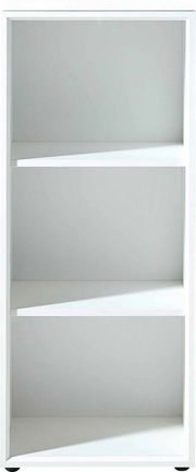 Weißes, niedriges Aktenregal mit drei offenen Fächern, frontal betrachtet.