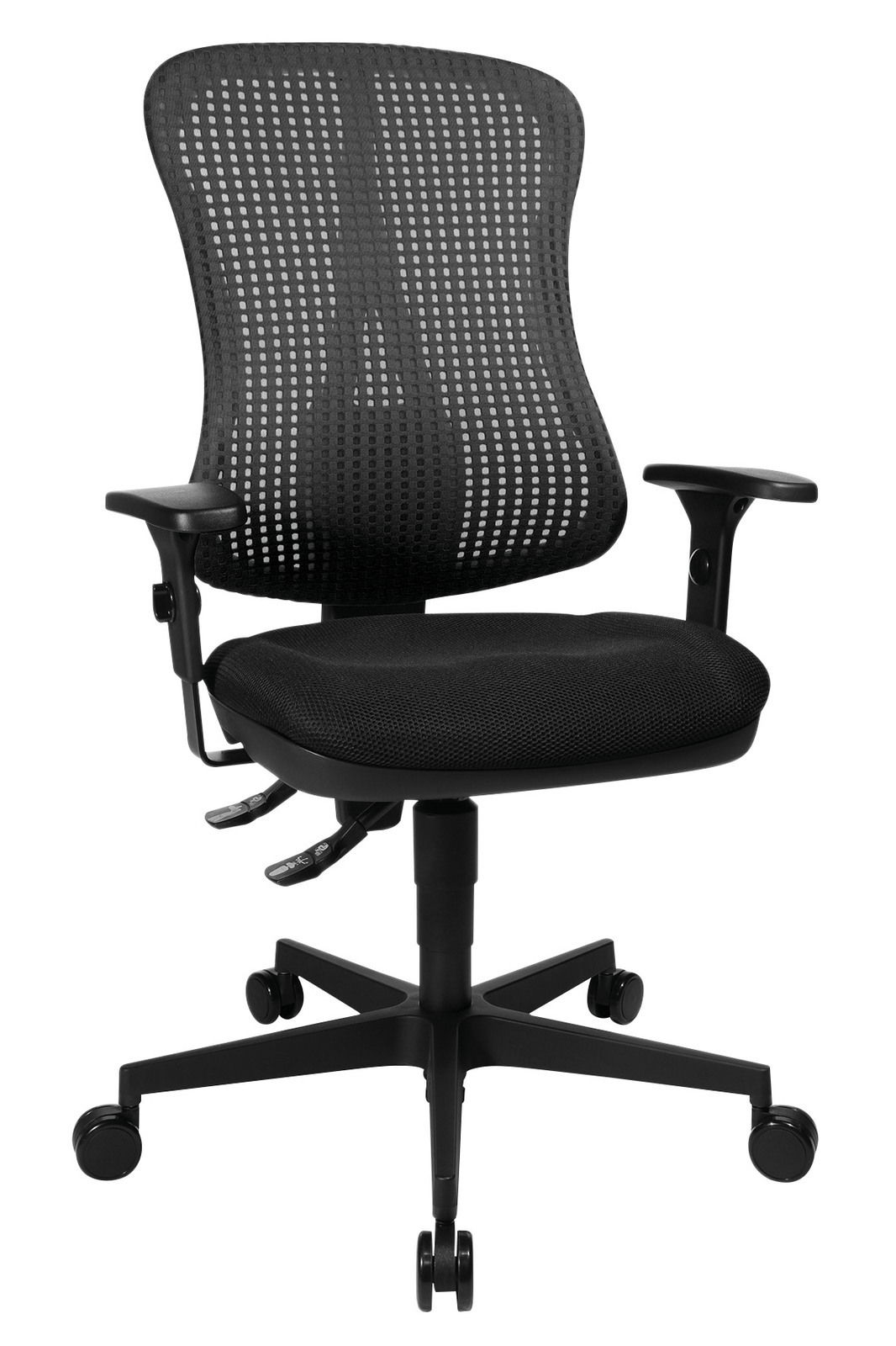 Schwarzer Drehstuhl mit Netzrückenlehne und Armlehnen, Vorderansicht