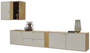 Modernes Sideboard-Set in Holzoptik mit hellgrauen Fronten, bestehend aus langem Lowboard und passendem Hängeschrank, in Frontansicht mit leichter Perspektive von rechts