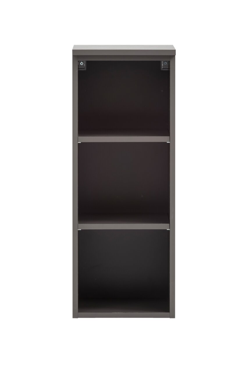 Schwarzes Unterschrank-Regal mit zwei Einlegeböden, frontal fotografiert.