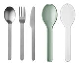 Besteckset Ellipse 3-teilig, bestehend aus Löffel, Gabel und Messer aus Edelstahl, mit grünem und transparentem Etui, Ansicht von oben.