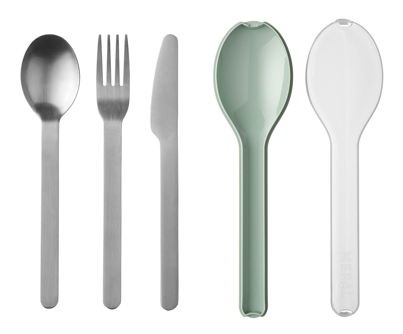 Besteckset Ellipse 3-teilig, bestehend aus Löffel, Gabel und Messer aus Edelstahl, mit grünem und transparentem Etui, Ansicht von oben.