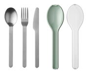 Besteckset Ellipse 3-teilig, bestehend aus Löffel, Gabel und Messer aus Edelstahl, mit grünem und transparentem Etui, Ansicht von oben.