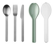Besteckset Ellipse 3-teilig, bestehend aus Löffel, Gabel und Messer aus Edelstahl, mit grünem und transparentem Etui, Ansicht von oben.