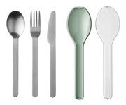 Besteckset Ellipse 3-teilig, bestehend aus Löffel, Gabel und Messer aus Edelstahl, mit grünem und transparentem Etui, Ansicht von oben.