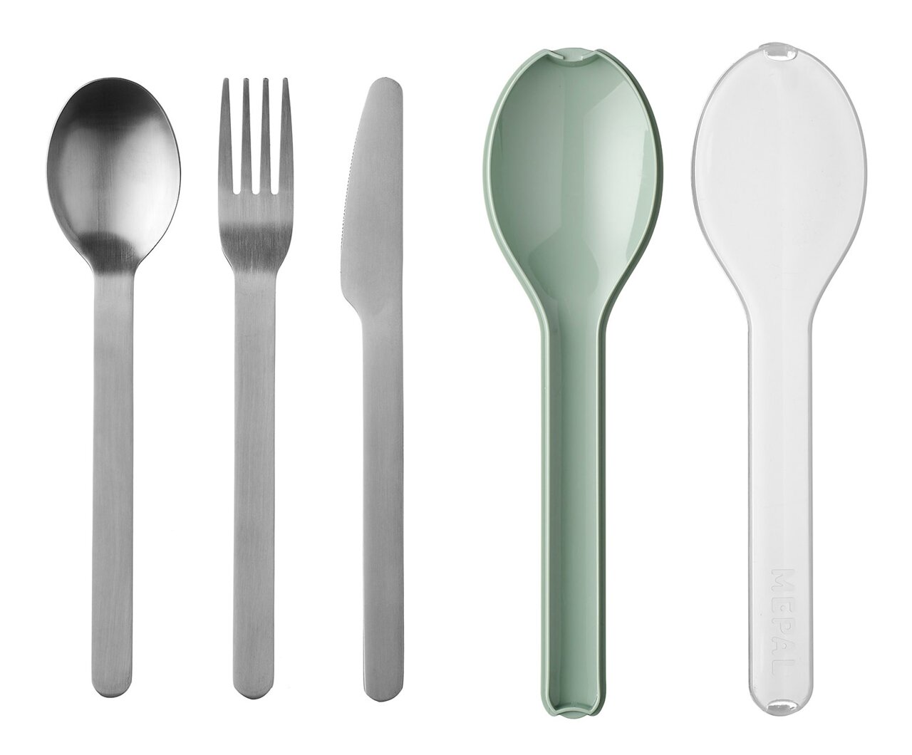 Besteckset Ellipse 3-teilig, bestehend aus Löffel, Gabel und Messer aus Edelstahl, mit grünem und transparentem Etui, Ansicht von oben.