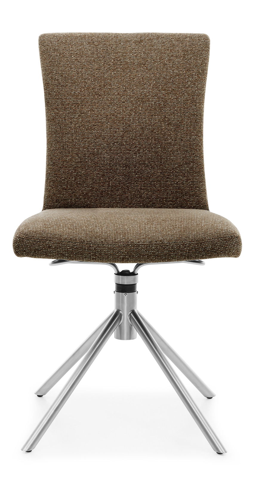 Moderner Stuhl mit braunem Stoffbezug und Metallgestell, Frontalansicht