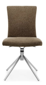 Moderner Stuhl mit braunem Stoffbezug und Metallgestell, Frontalansicht