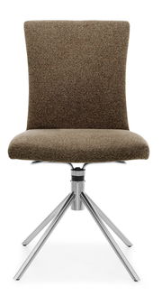Moderner Stuhl mit braunem Stoffbezug und Metallgestell, Frontalansicht
