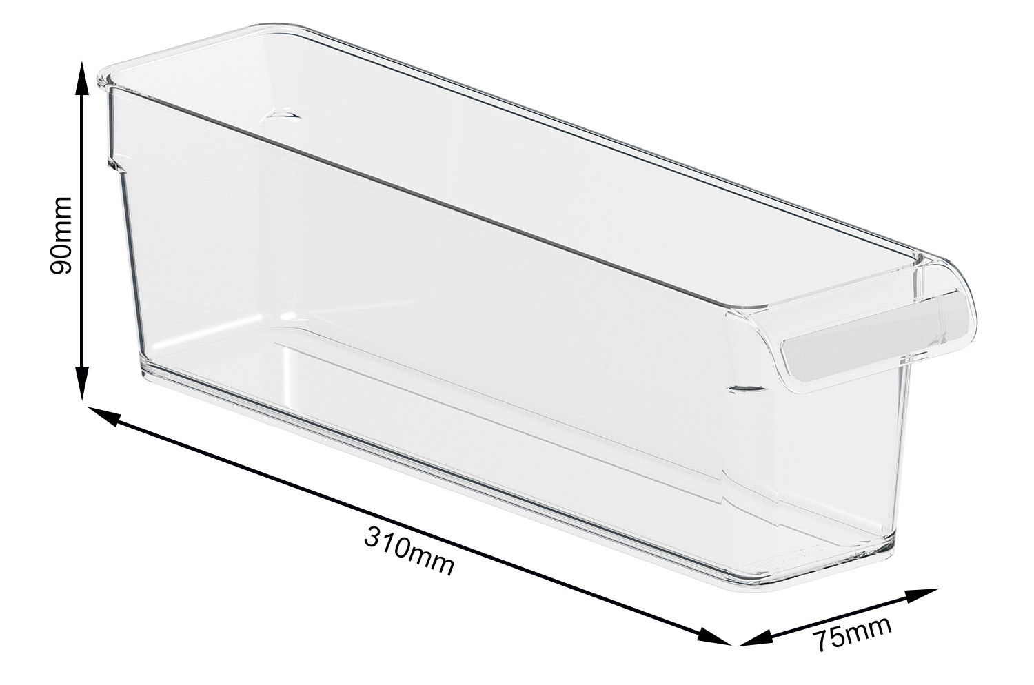 Transparenter Kühlschrankorganizer mit den Maßen 310mm x 75mm x 90mm, seitliche Perspektive