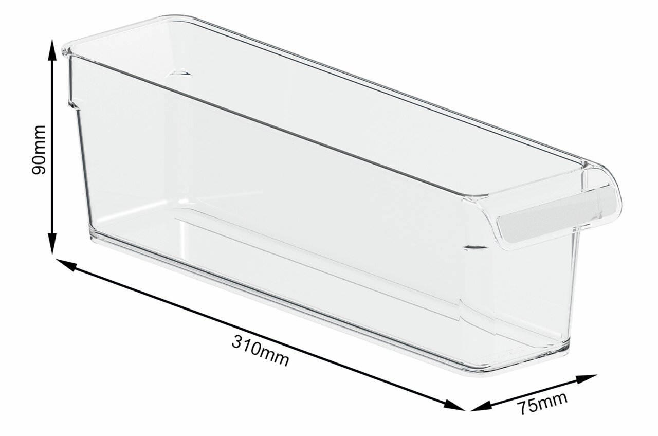 Doorzichtige koelkastorganizer met afmetingen 310 mm x 75 mm x 90 mm, zijaanzicht