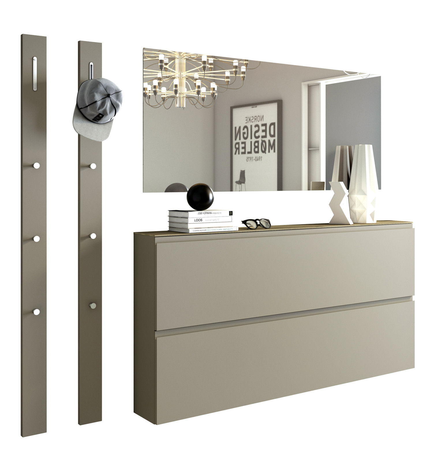 Moderano Garderoben-Set LECCO Modernes Garderobenset mit zwei vertikalen Paneelen mit Haken, einem großen rechteckigen Spiegel und einer zweischubligen Kommode in minimalistischer Perspektive.