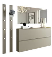 Modernes Garderobenset mit zwei vertikalen Paneelen mit Haken, einem großen rechteckigen Spiegel und einer zweischubligen Kommode in minimalistischer Perspektive.