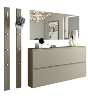 Modernes Garderobenset mit zwei vertikalen Paneelen mit Haken, einem großen rechteckigen Spiegel und einer zweischubligen Kommode in minimalistischer Perspektive.