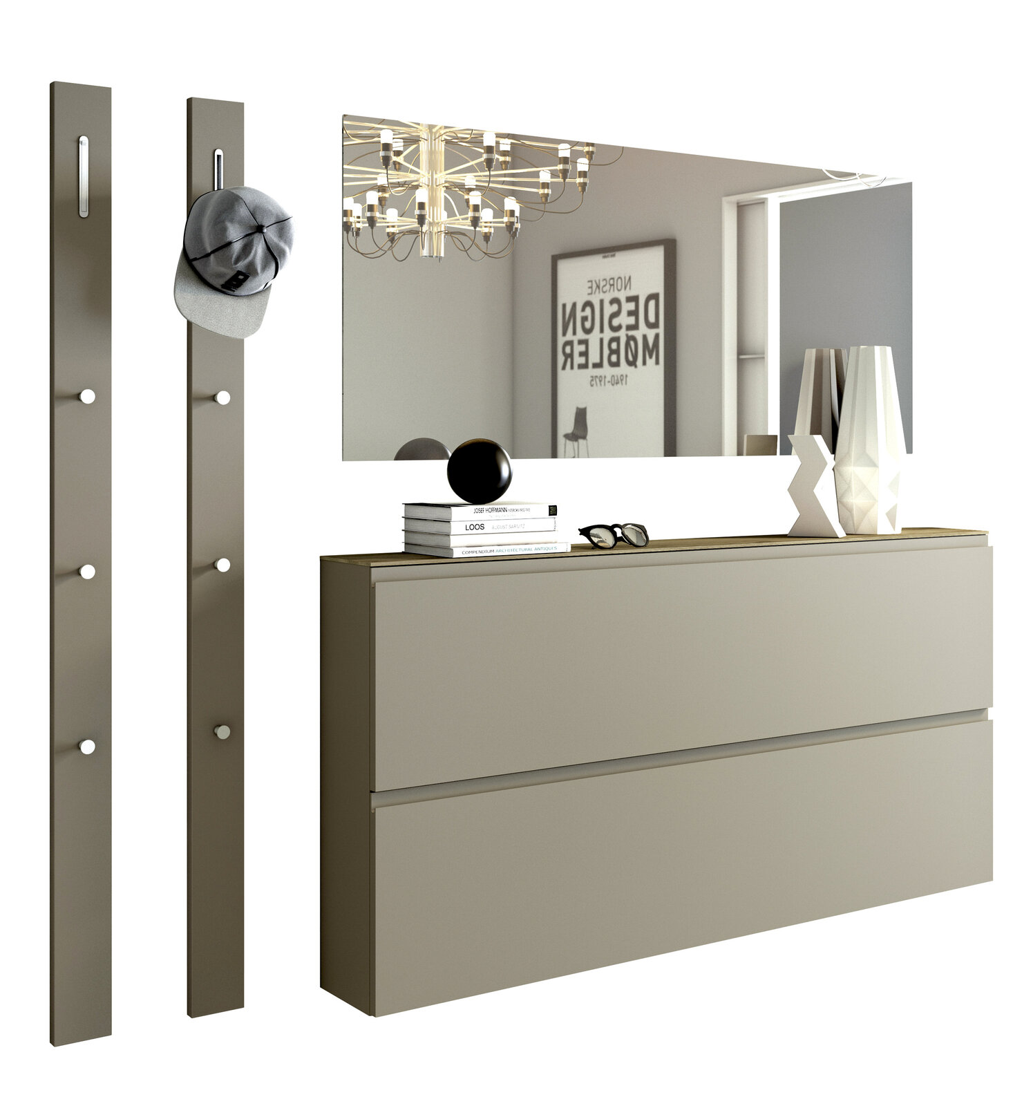 Moderano Garderoben-Set LECCO Modernes Garderobenset mit zwei vertikalen Paneelen mit Haken, einem großen rechteckigen Spiegel und einer zweischubligen Kommode in minimalistischer Perspektive.