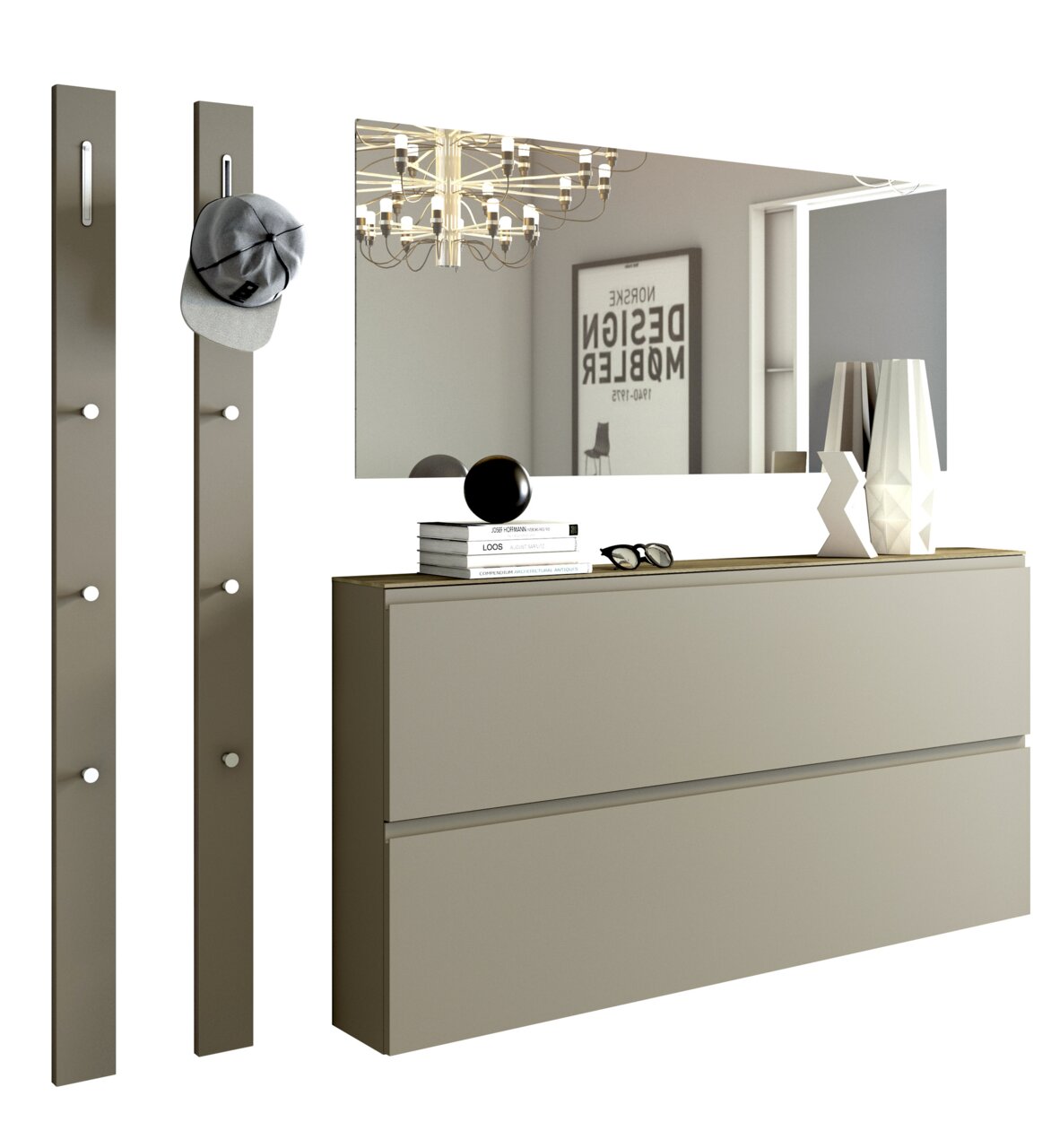 Moderano Garderoben-Set LECCO Modernes Garderobenset mit zwei vertikalen Paneelen mit Haken, einem großen rechteckigen Spiegel und einer zweischubligen Kommode in minimalistischer Perspektive.