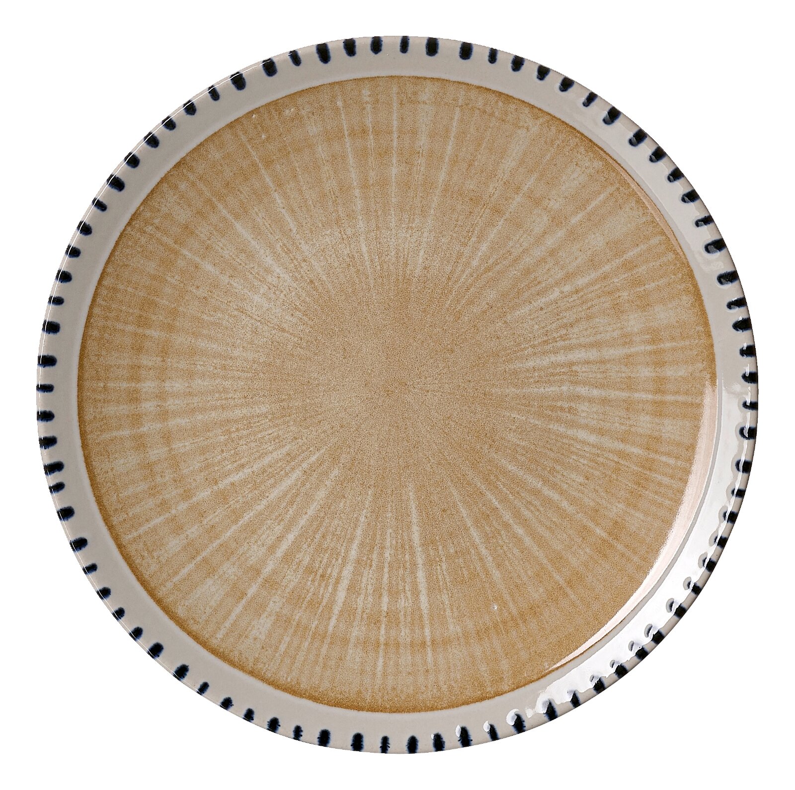 Rond keramisch bord in beige met een wit radiaal lijnpatroon en een crèmekleurige rand met donkerblauwe accenten, van bovenaf gezien