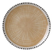 Rond keramisch bord in beige met een wit radiaal lijnpatroon en een crèmekleurige rand met donkerblauwe accenten, van bovenaf gezien